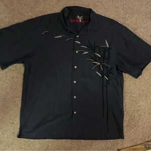 Mens Large Bamboo Cay modal polyester black embroidered hawaiian shirt